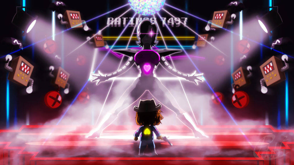 Mettaton 桌布 壁紙 — 一個戴著牛仔帽的小角色在迪斯可球和雷射燈光下面對一個發光的紫色機器人舞者。