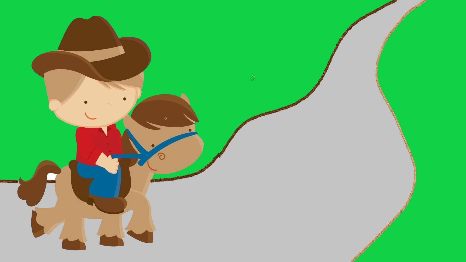 Cowboy 桌布 壁紙 — 一個戴著牛仔帽的快樂卡通男孩騎著一匹棕色小馬沿著蜿蜒的灰色小徑，背景是明亮的綠色。