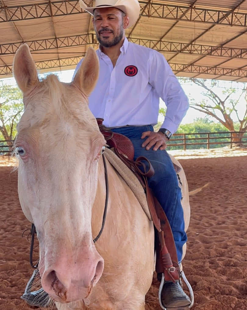 Cowboy 桌布 壁紙 — 一個戴著牛仔帽的男人騎著一匹淺色的馬，在有頂棚的競技場內，籬笆外可以看到樹木。
