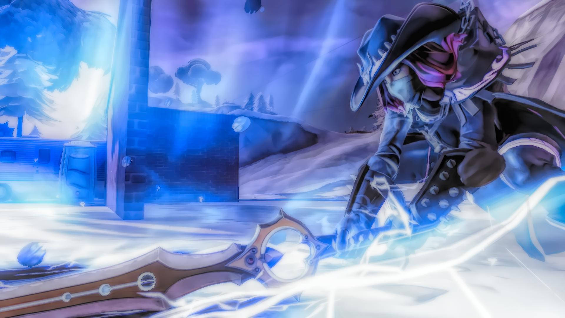 calamity fortnite 桌布 壁紙 — 一個戴著牛仔帽的面具動漫角色，在雪地、藍色燈光的城市廢墟中揮舞著發光的劍。