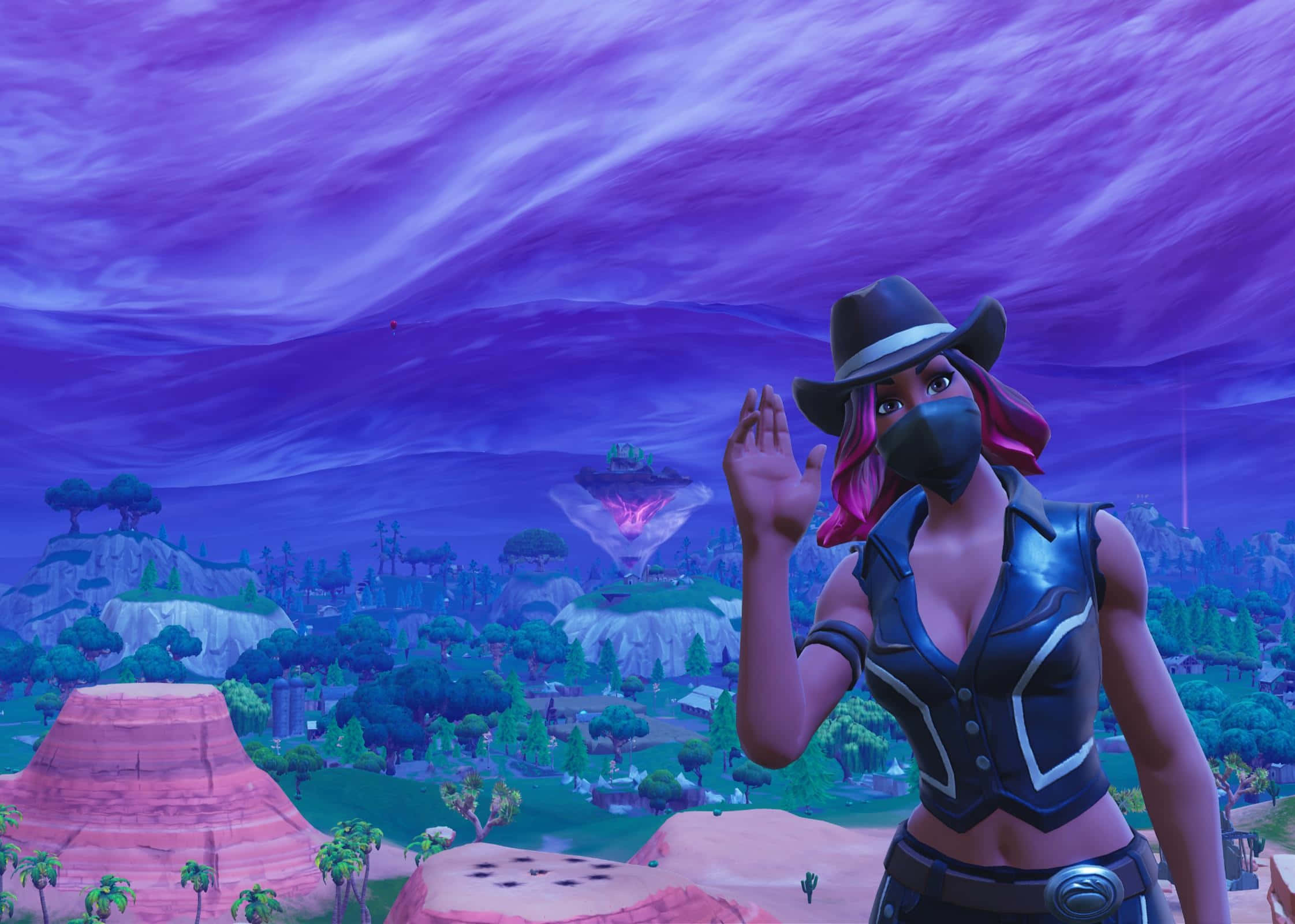 Fortnite Skins Battle Royale 桌布 壁紙 — 一個戴著牛仔帽的面具女性角色在沙漠景觀中揮手，背景是旋轉的紫色天空和浮島。