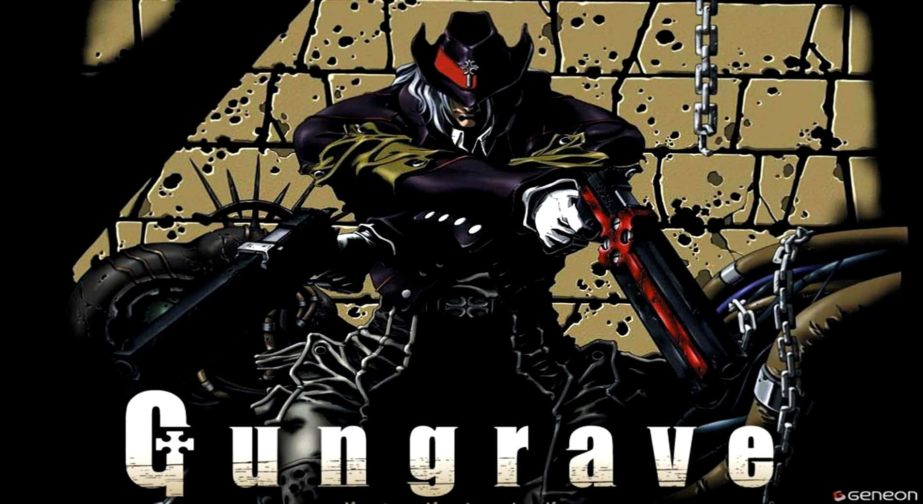 Gungrave 桌布 壁紙 — 一個戴著牛仔帽的黑暗動漫槍手，在裂開的石牆背景下瞄準一把紅色槍。