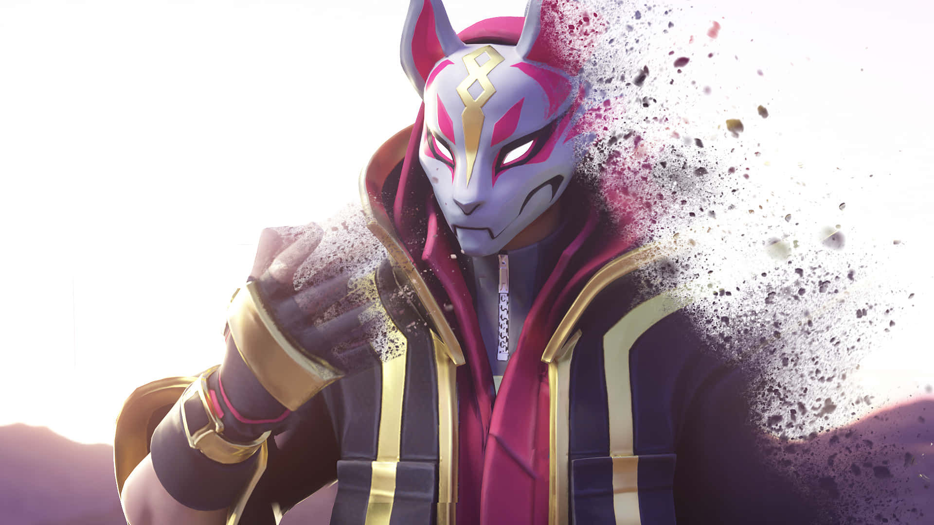 Fortnite Drift 桌布 壁紙 — 一個戴著狐狸面具的動漫角色，身穿洋紅色和金色的服裝，在明亮的背景前分解成粒子。