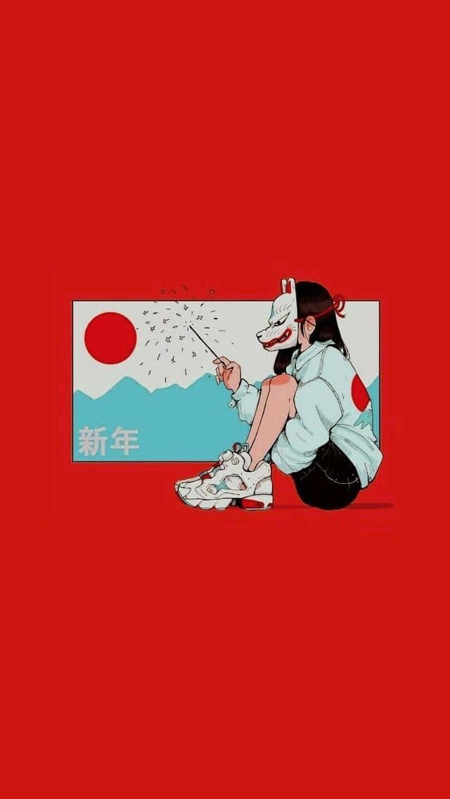 桌布 壁紙 — 一個戴著狐狸面具的女孩，在帶有山脈和「新年」文字的日本國旗背景下手持煙火棒。