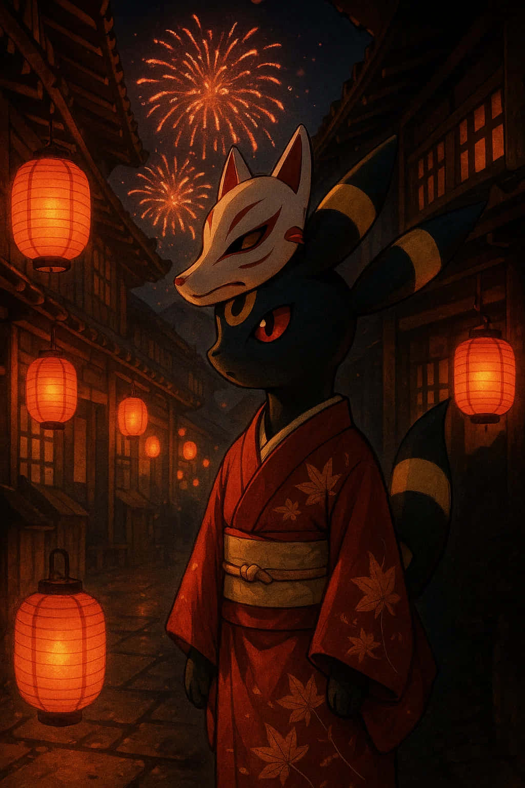 Umbreon Pokemon 4K HD Wallpaper WEBP MOBILE Backgrounds 壁紙 — 一個戴著狐狸面具的擬人化生物，身穿紅色和服，站在燈籠照亮的日本小巷中，上方煙火爆炸。