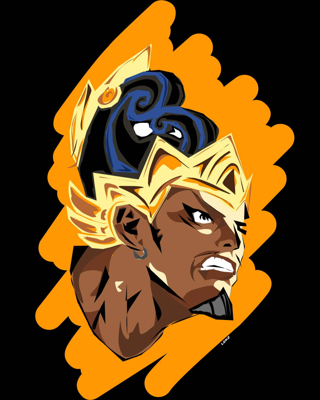 Mobile Legends 動態圖 桌布 壁紙 — 一個戴著王冠、藍色頭髮和金色盔甲的戰士的兇猛插圖肖像，背景是大膽的橙色。