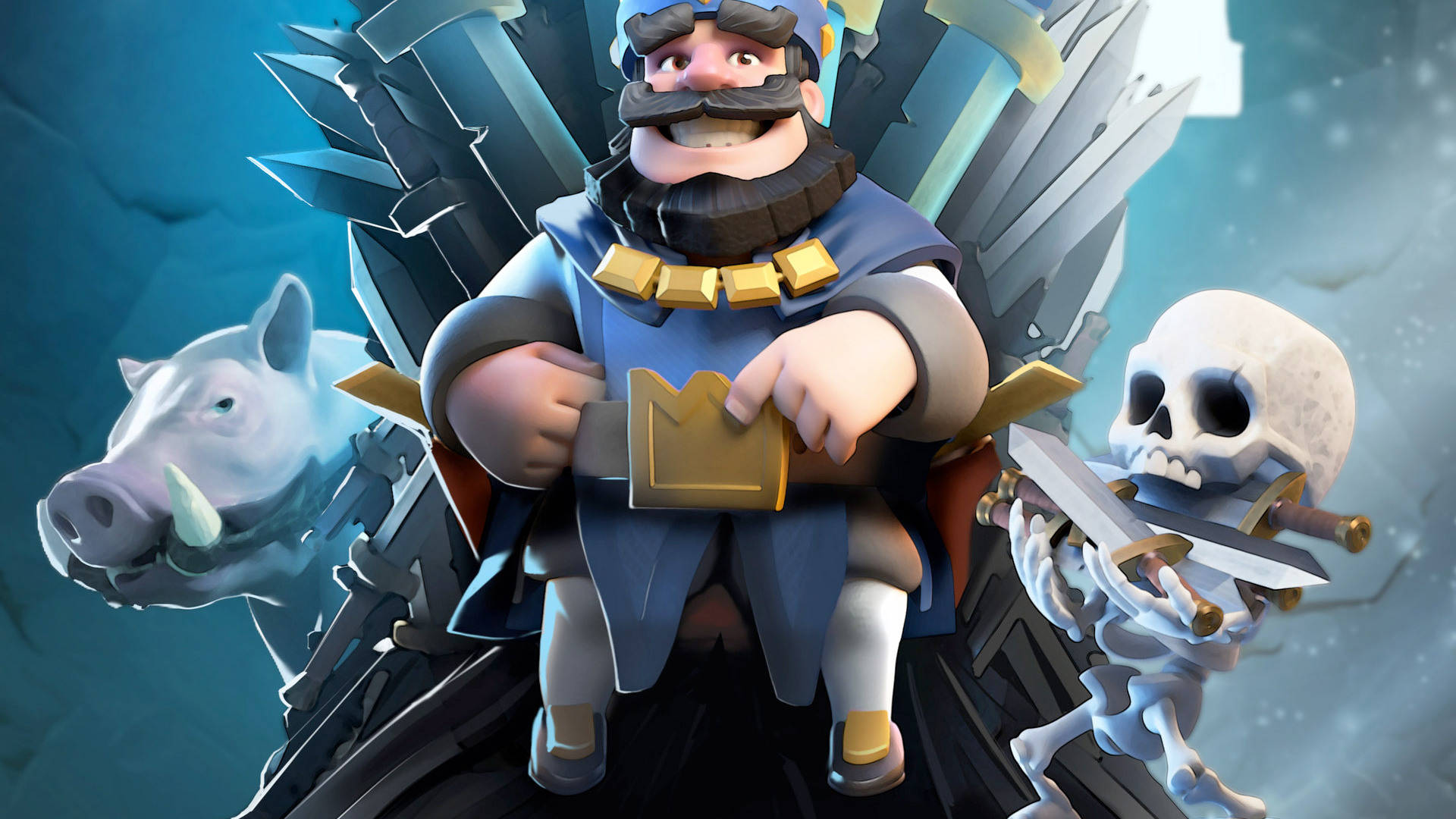 Clash Royale 桌布 壁紙 — 一個戴著王冠和鬍子的快樂卡通野蠻人國王坐在王座上，兩側是一頭野豬和一個骷髏戰士，背景是暴風雨的藍色。