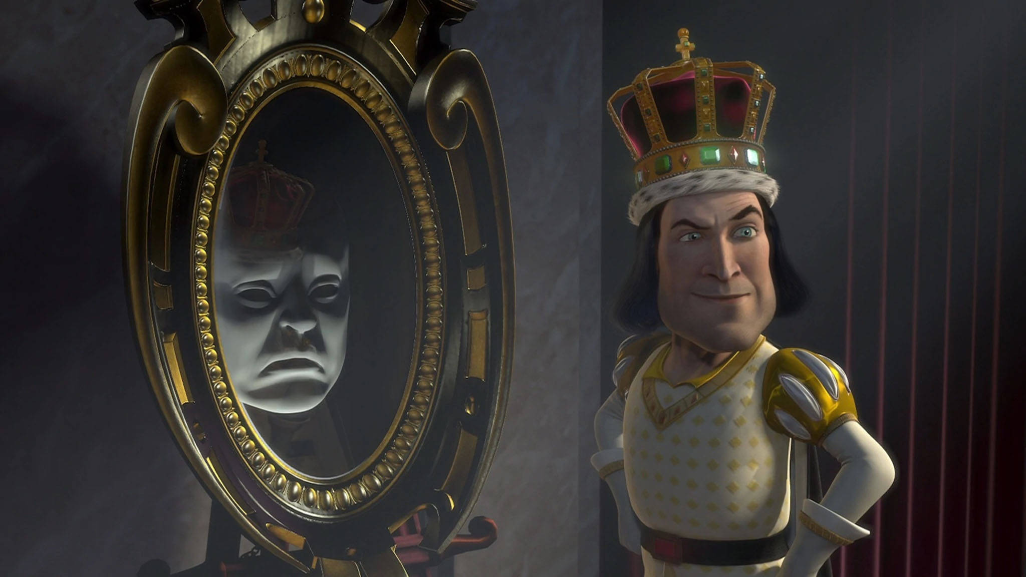 Lord Farquaad 桌布 壁紙 — 一個戴著王冠的卡通國王站在華麗的鏡子旁，鏡子以黑白反射他嚴肅的臉。