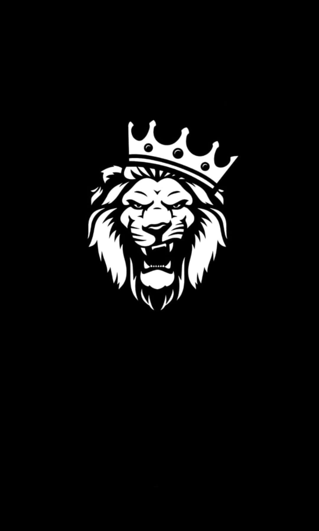Black Lion 桌布 壁紙 — 一個戴著王冠的白色獅子頭，在純黑色背景上以大膽的圖形風格咆哮。