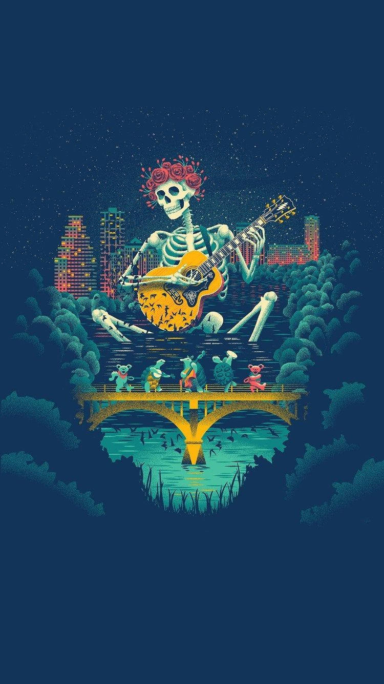 dead 桌布 壁紙 — 一個戴著玫瑰冠的骷髏在橋上彈吉他，而小人物在星空下跳舞。