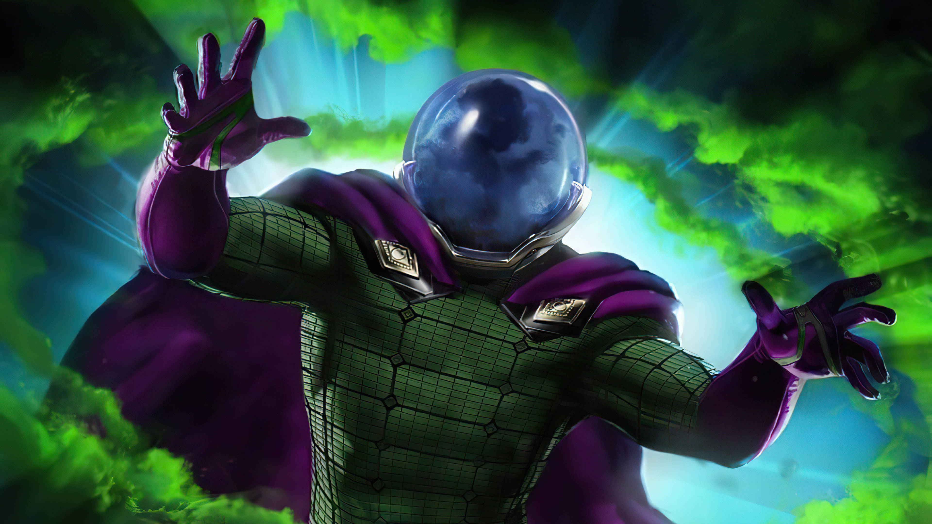 Mysterio 桌布 壁紙 — 一個戴著球形頭盔的綠色和紫色裝甲人物，站在發光的綠色和藍色宇宙背景前。