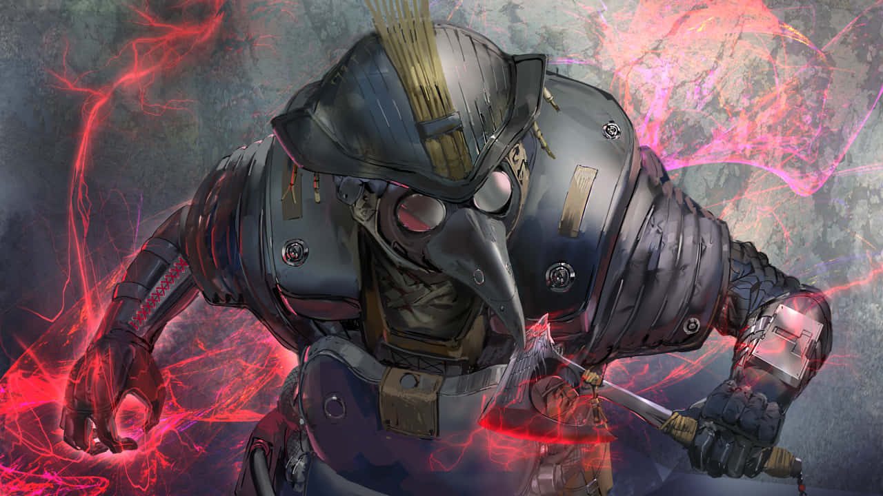 720p Apex Legends 桌布 壁紙 — 一個戴著瘟疫醫生面具的威脅性裝甲戰士，在劈啪作響的能量中揮舞著一把發光的紅色劍。