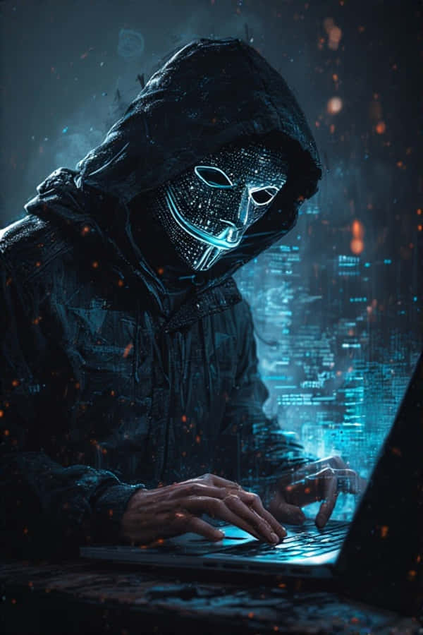 Anonymous Mask 桌布 壁紙 — 一個戴著發光數位面具的兜帽人物在雨中霓虹 cyberpunk 城市景觀中瘋狂地在筆記型電腦上打字。