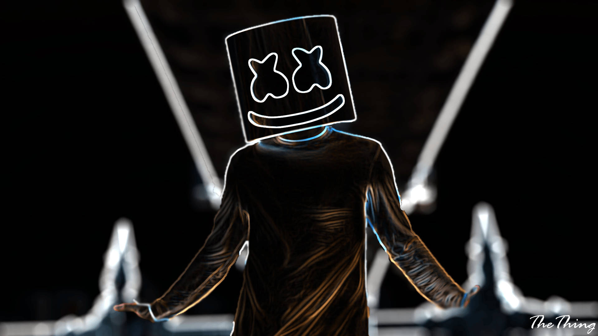 Marshmello 動態圖 桌布 壁紙 — 一個戴著發光棉花糖頭盔的人物站在舞台中央，在明亮的聚光燈下，背景黑暗。