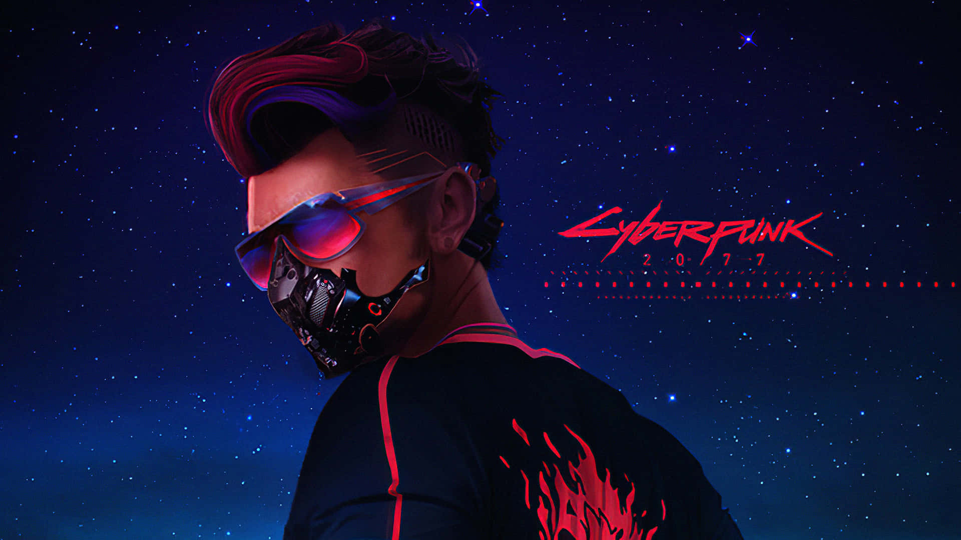 1080p Cyberpunk 2077 桌布 壁紙 — 一個戴著發光紅色太陽眼鏡和火焰紋身的賽博龐克角色，站在繁星點點的夜空下，帶有「Cyberpunk 2077」文字。