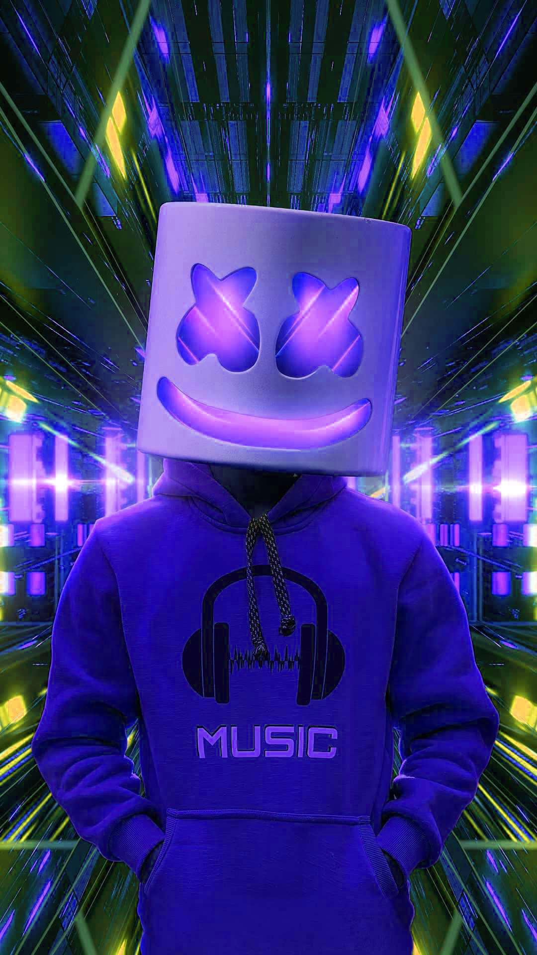 Marshmello 動態圖 桌布 壁紙 — 一個戴著發光紫色棉花糖頭盔和連帽衫的人物站在霓虹燈照亮的數位隧道中，伴隨著流動的光線。