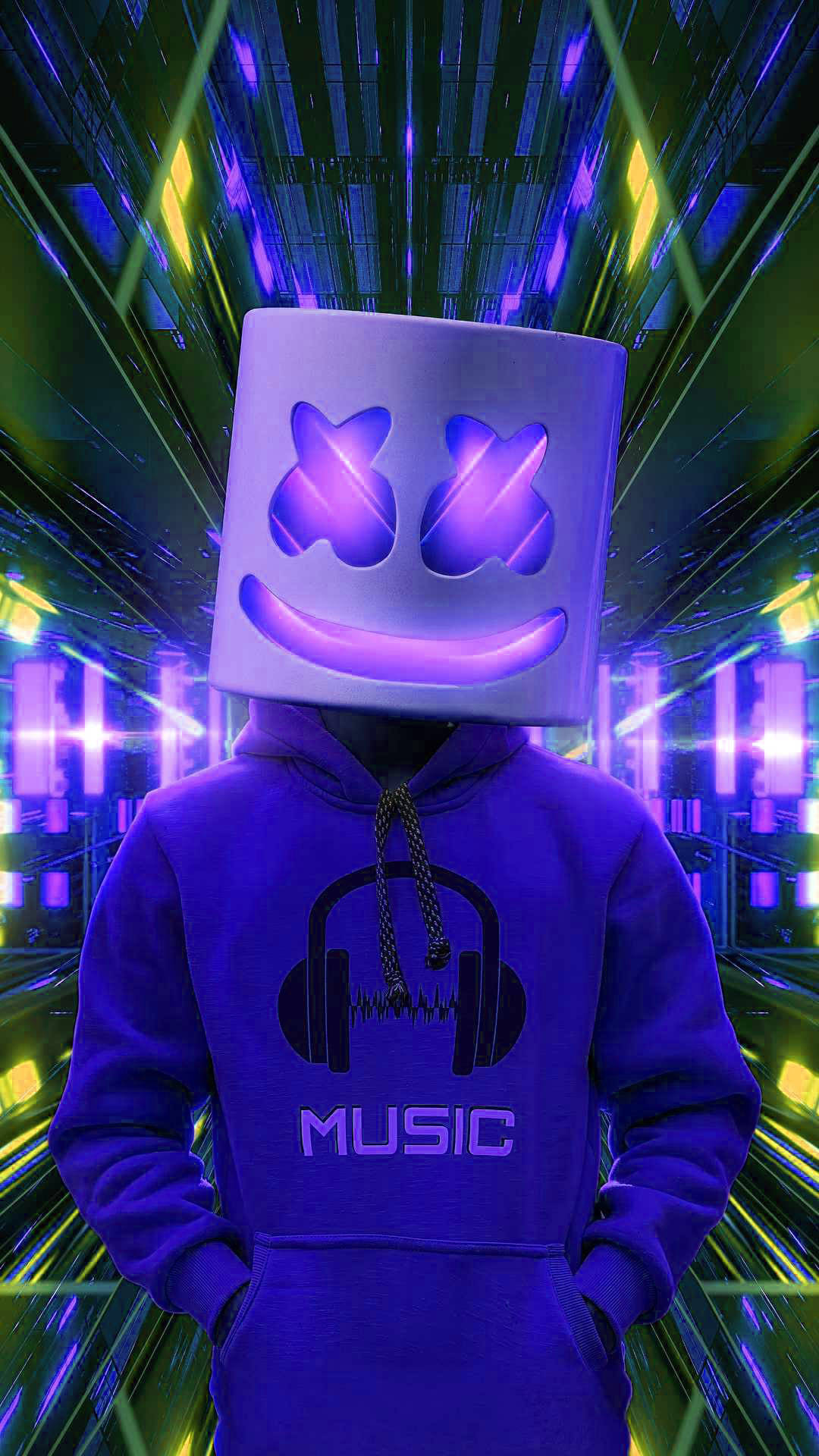 Marshmello 在霓虹燈隧道中穿著帶有音樂圖案的連帽衫。 — Marshmello 動態圖 壁紙