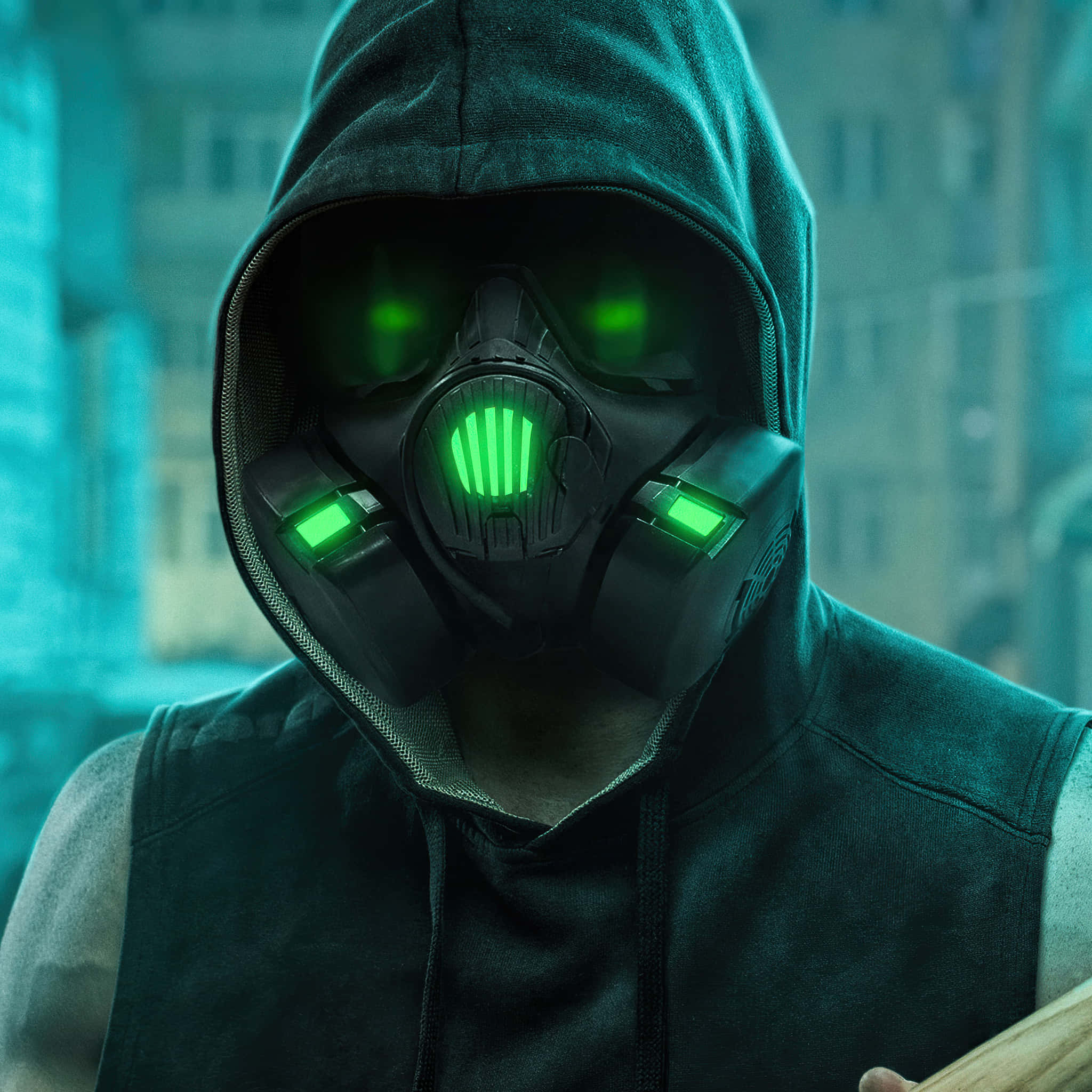 Mask Boy 桌布 壁紙 — 一個戴著發光綠色戰術面具的兜帽人物，站在模糊的城市環境中，帶有青綠色燈光。
