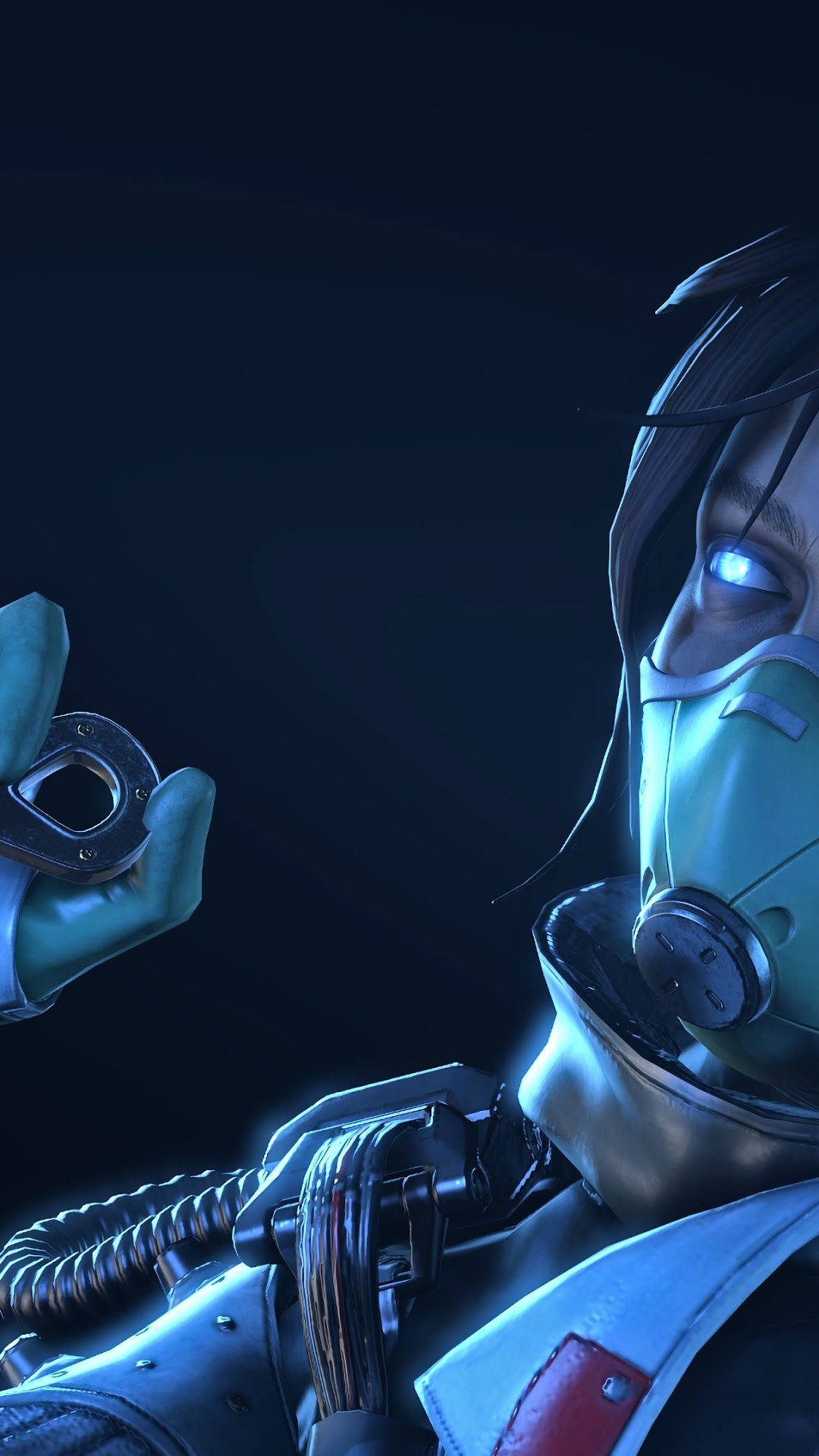 Apex Legends Mobile 桌布 壁紙 — 一個戴著發光藍色面具的賽博龐克角色在黑暗背景中手持金屬環。