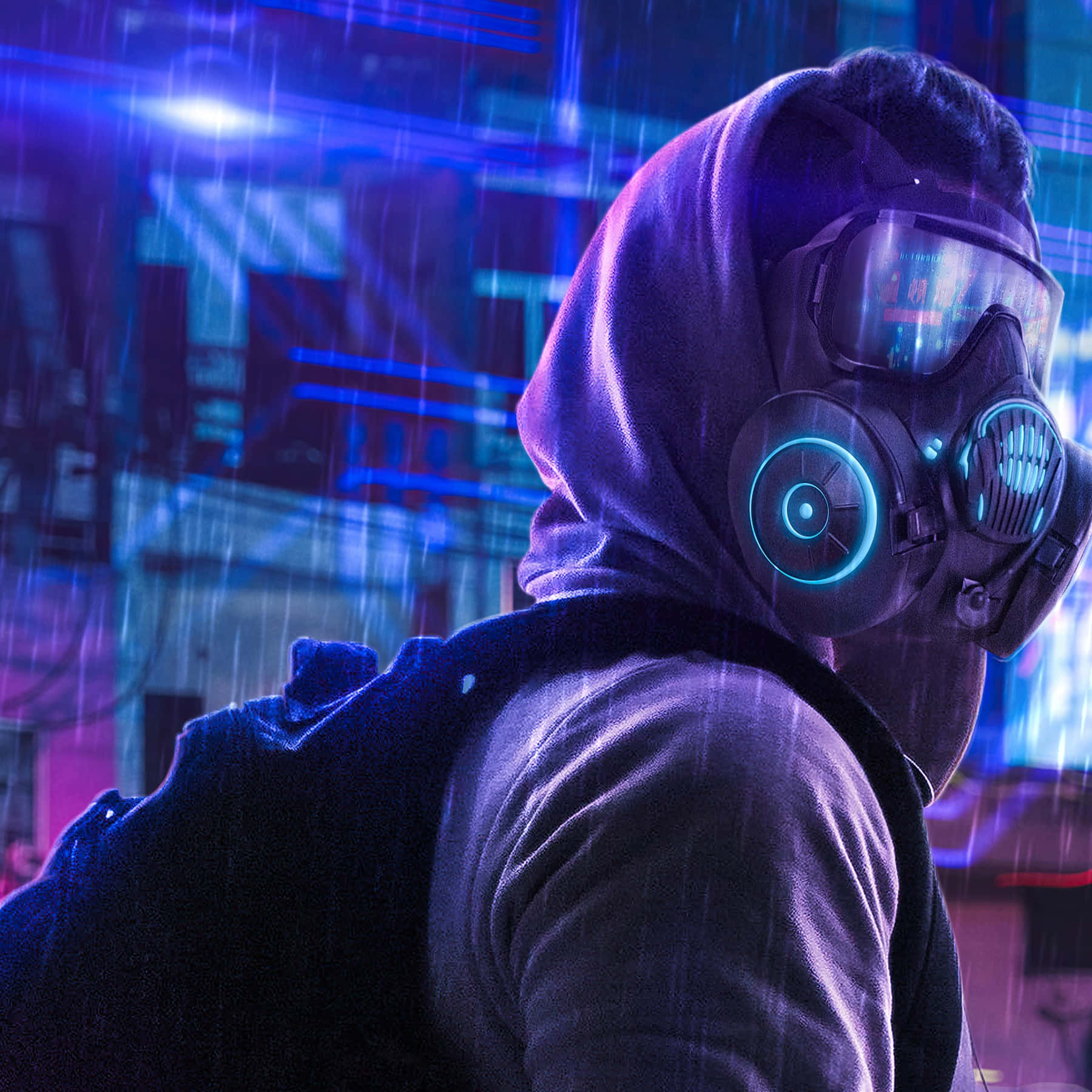 Mask Boy 桌布 壁紙 — 一個戴著發光防毒面具的兜帽人物，夜晚站在被雨水打濕、霓虹燈閃爍的城市街道上。