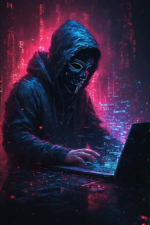 一個戴著面具的駭客穿著連帽衫在夜晚的霓虹燈數位城市中打字。 — 4K 壁紙