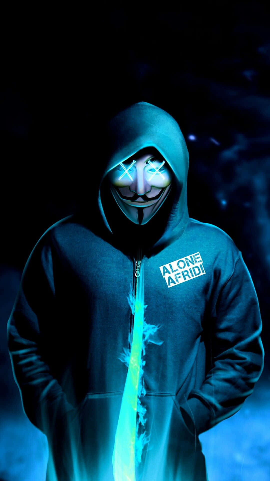Mask Boy 桌布 壁紙 — 一個戴著發光面具的兜帽人物站在黑暗中，一把霓虹藍劍發出光芒照在胸前。