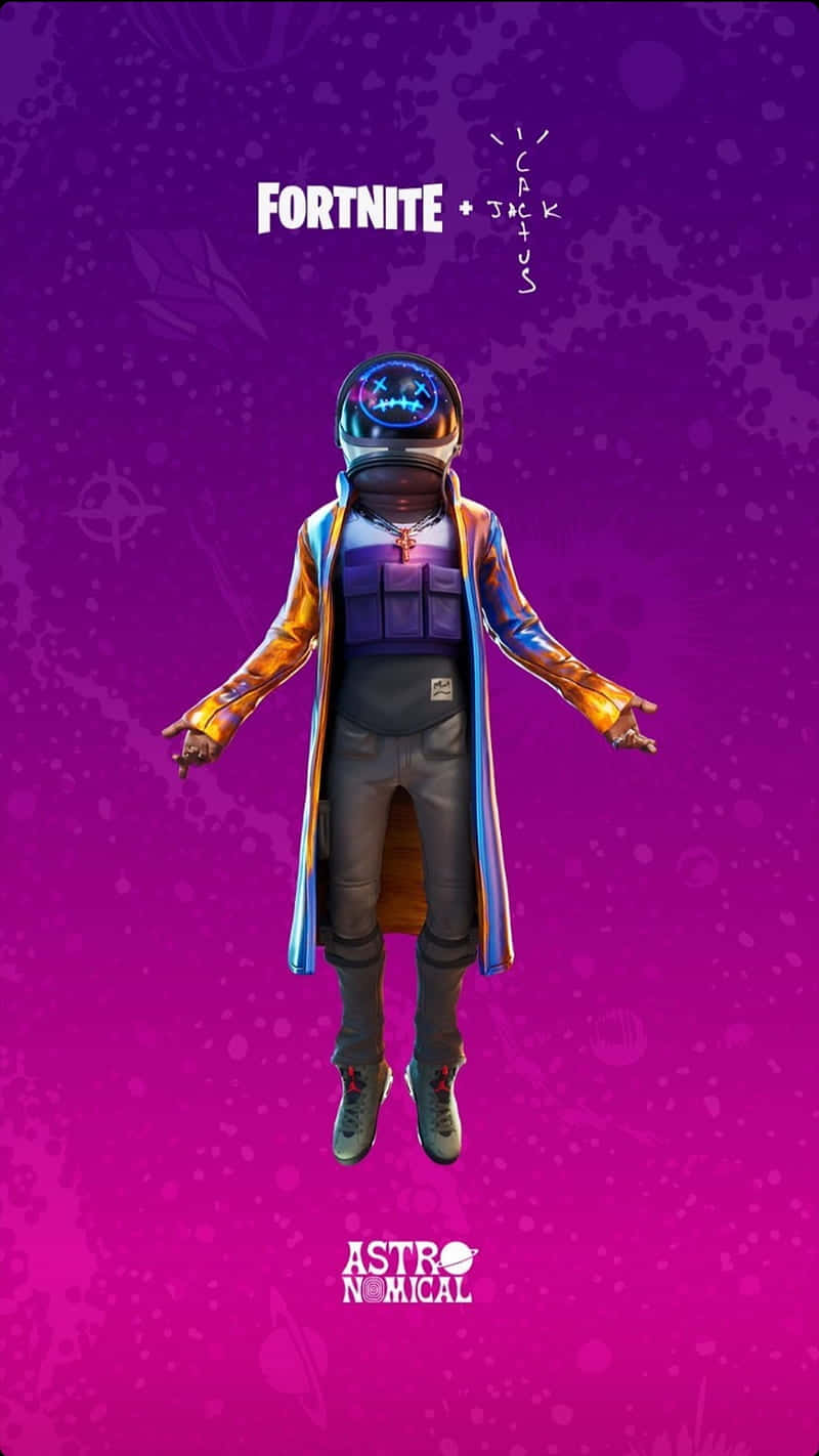 Astro Jack 桌布 壁紙 — 一個戴著發光頭盔、穿著彩色外套的 Fortnite 角色，漂浮在充滿活力的紫色和粉紅色漸變背景上。