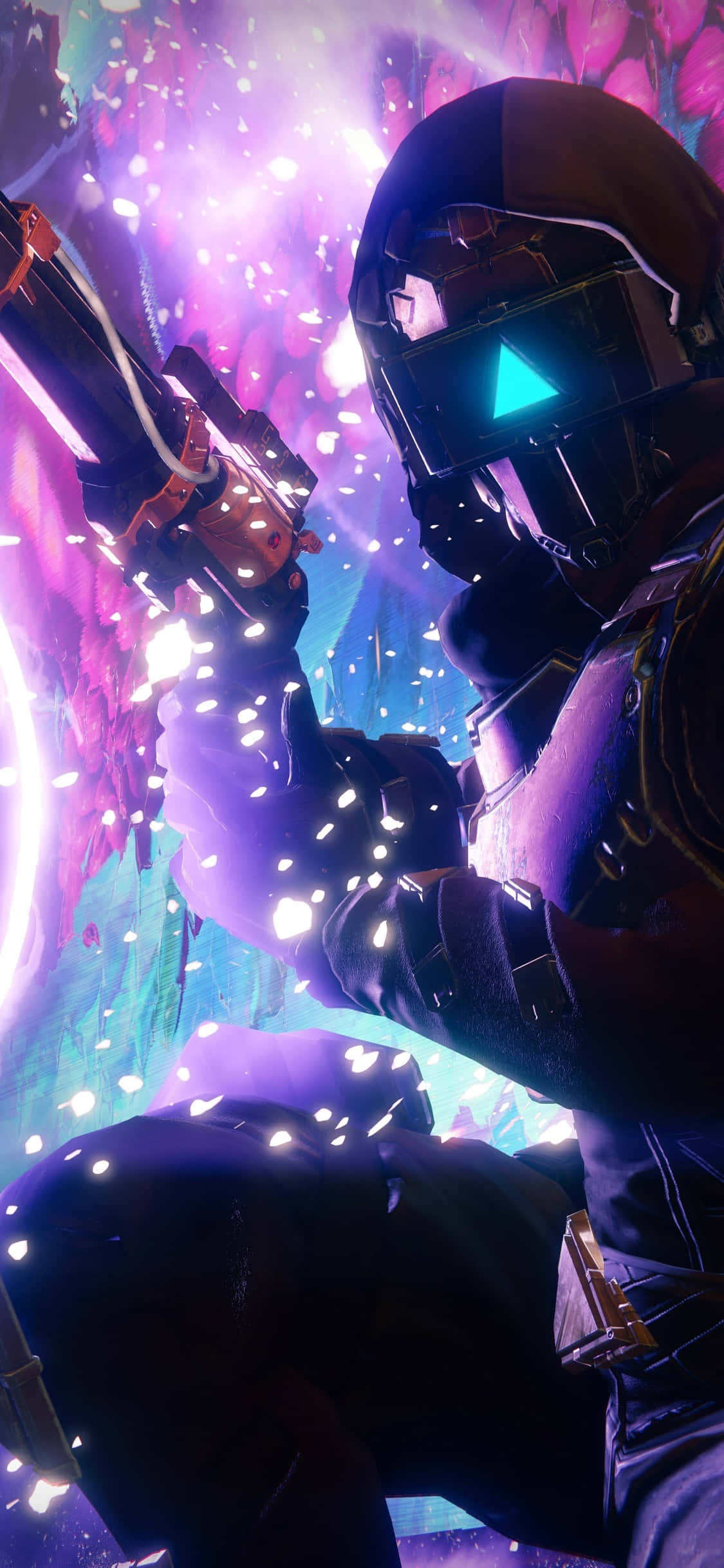 iPhone Xs Destiny 2 桌布 壁紙 — 一個戴著發光頭盔的未來戰士，在充滿紫色和藍色火花的宇宙爆炸中開火。