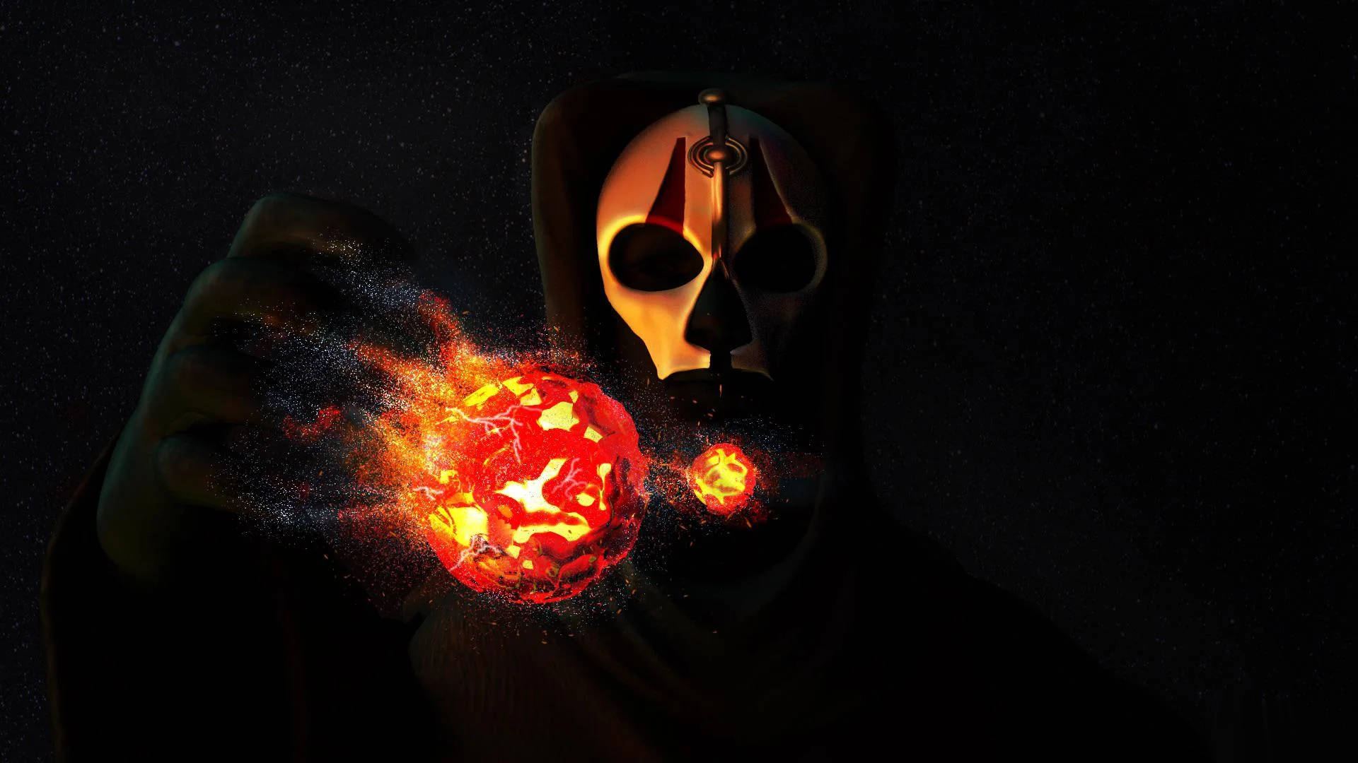 Darth Nihilus 桌布 壁紙 — 一個戴著發光骷髏面具的兜帽人物，手持一顆在黑暗星空背景下爆炸出火花的火球。