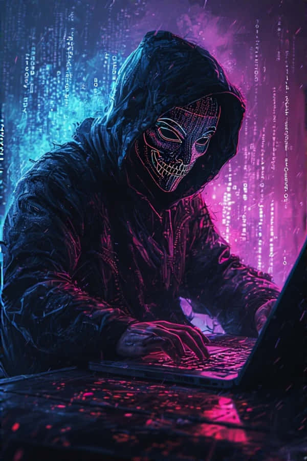 Anonymous Mask 桌布 壁紙 — 一個戴著發光骷髏面具的連帽駭客在霓虹藍和粉紅光中，於數位代碼瀑布中瘋狂打字。