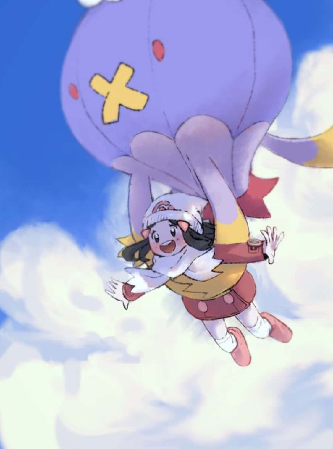 Pokemon Aesthetic 桌布 壁紙 — 一個戴著白帽子和紅裙子的開朗動漫女孩，快樂地漂浮在蓬鬆的雲朵中，同時拿著一個帶有黃色十字架的大紫色氣球。