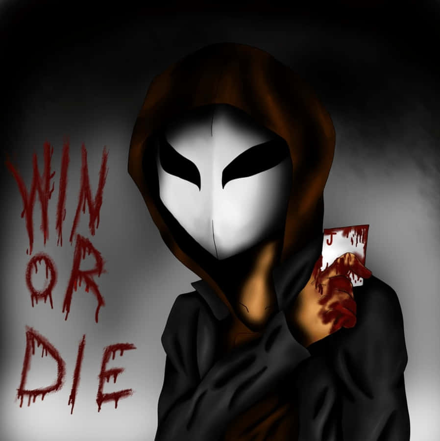 Creepypasta 桌布 壁紙 — 一個戴著白色外星人面具的兜帽人物拿著一張沾滿血的卡牌，滴落的紅色文字宣告要麼贏要麼死。