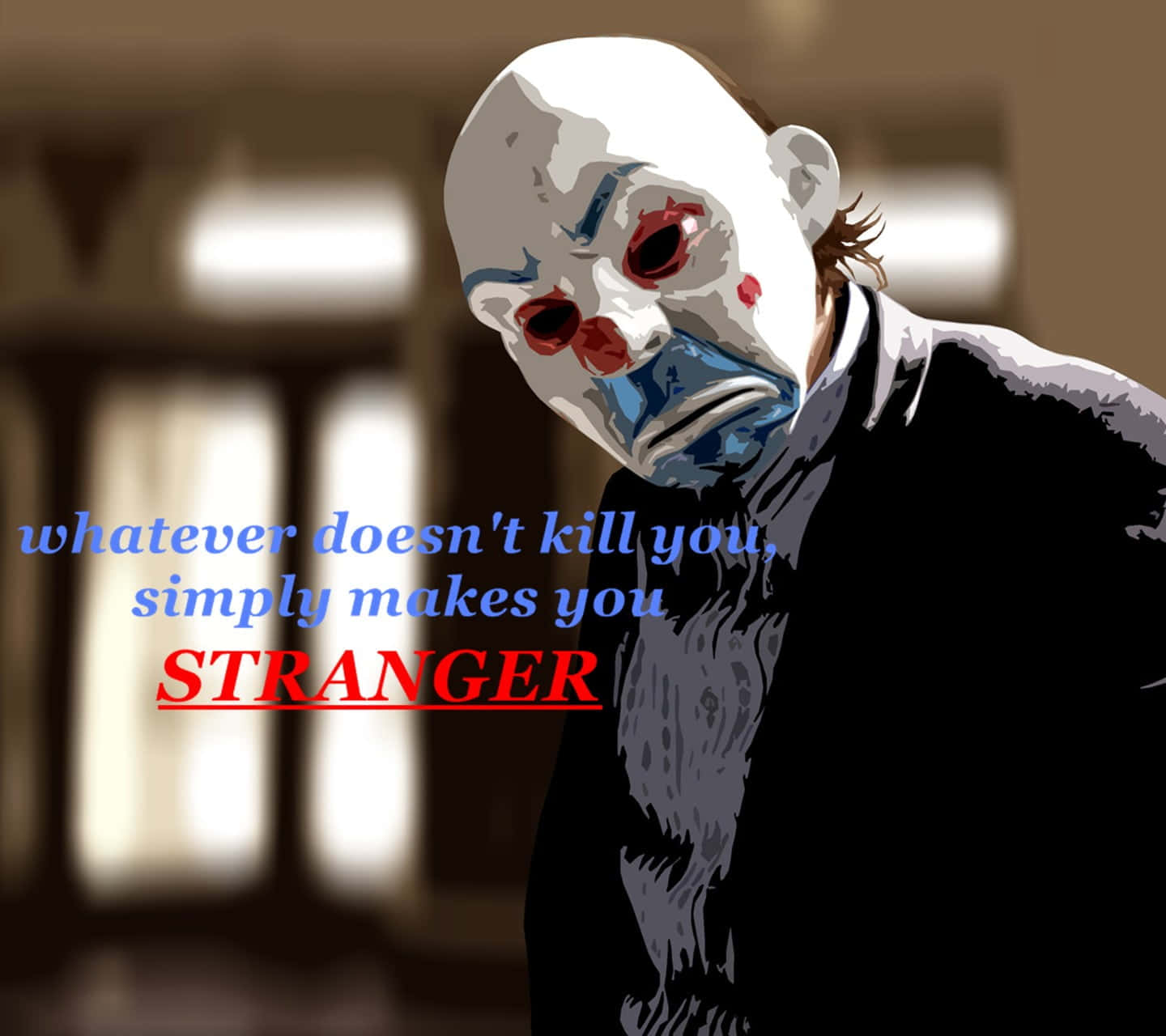 Joker Quotes 桌布 壁紙 — 一個戴著白色小丑面具、紅眼睛和藍色眼淚的可怕人物在昏暗的房間裡向前傾。