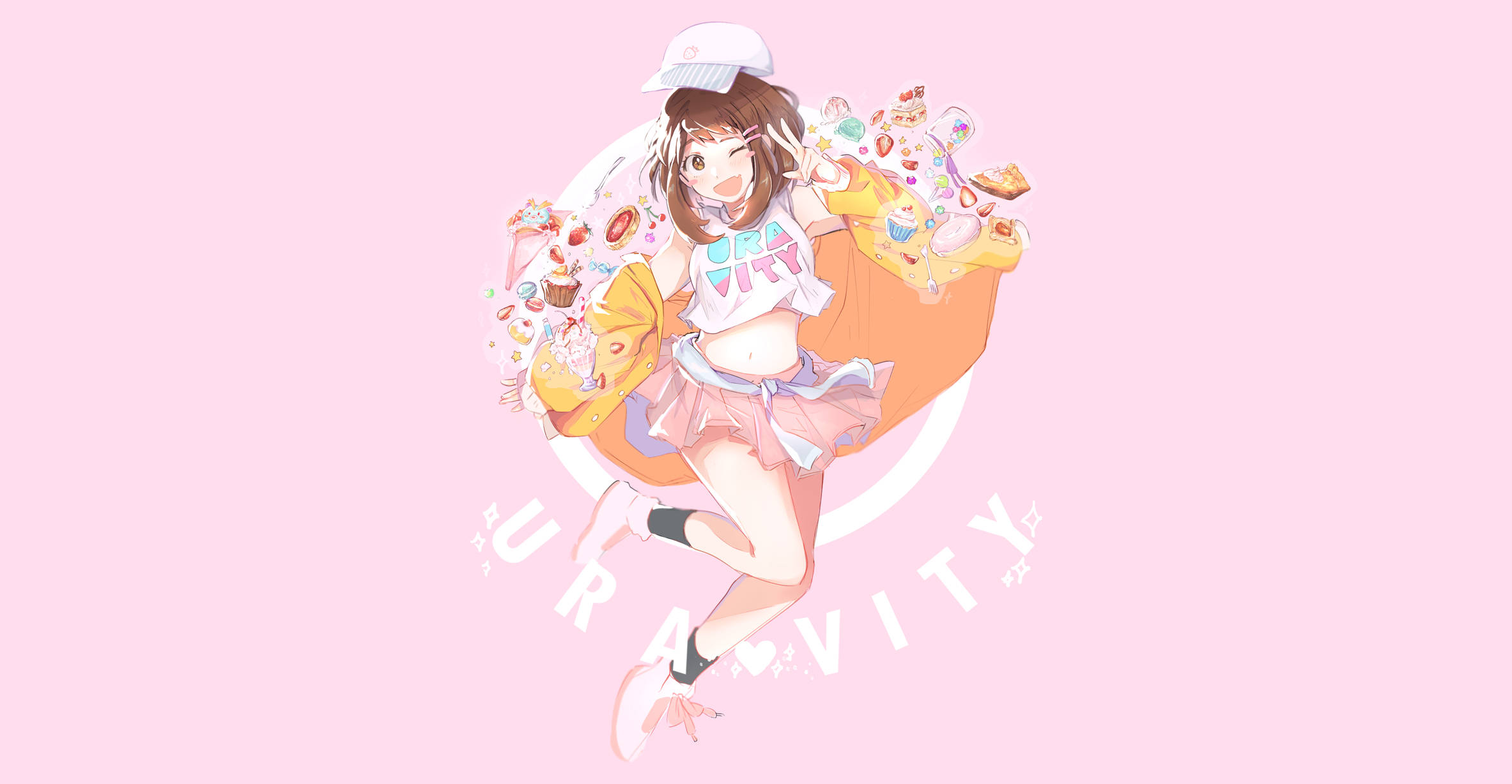 Uraraka 桌布 壁紙 — 一個戴著白色帽子、穿著粉紅色裙子的開朗動漫女孩，在柔和的粉紅色背景前，高興地跳躍著，手裡拿著一個裝滿色彩繽紛甜點的袋子。