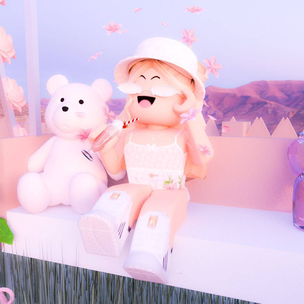 Roblox 桌布 壁紙 — 一個戴著白色帽子和太陽眼鏡的快樂Roblox頭像，在飄落的粉紅色櫻花下，拿著飲料，旁邊有一隻毛絨熊，正在大笑。