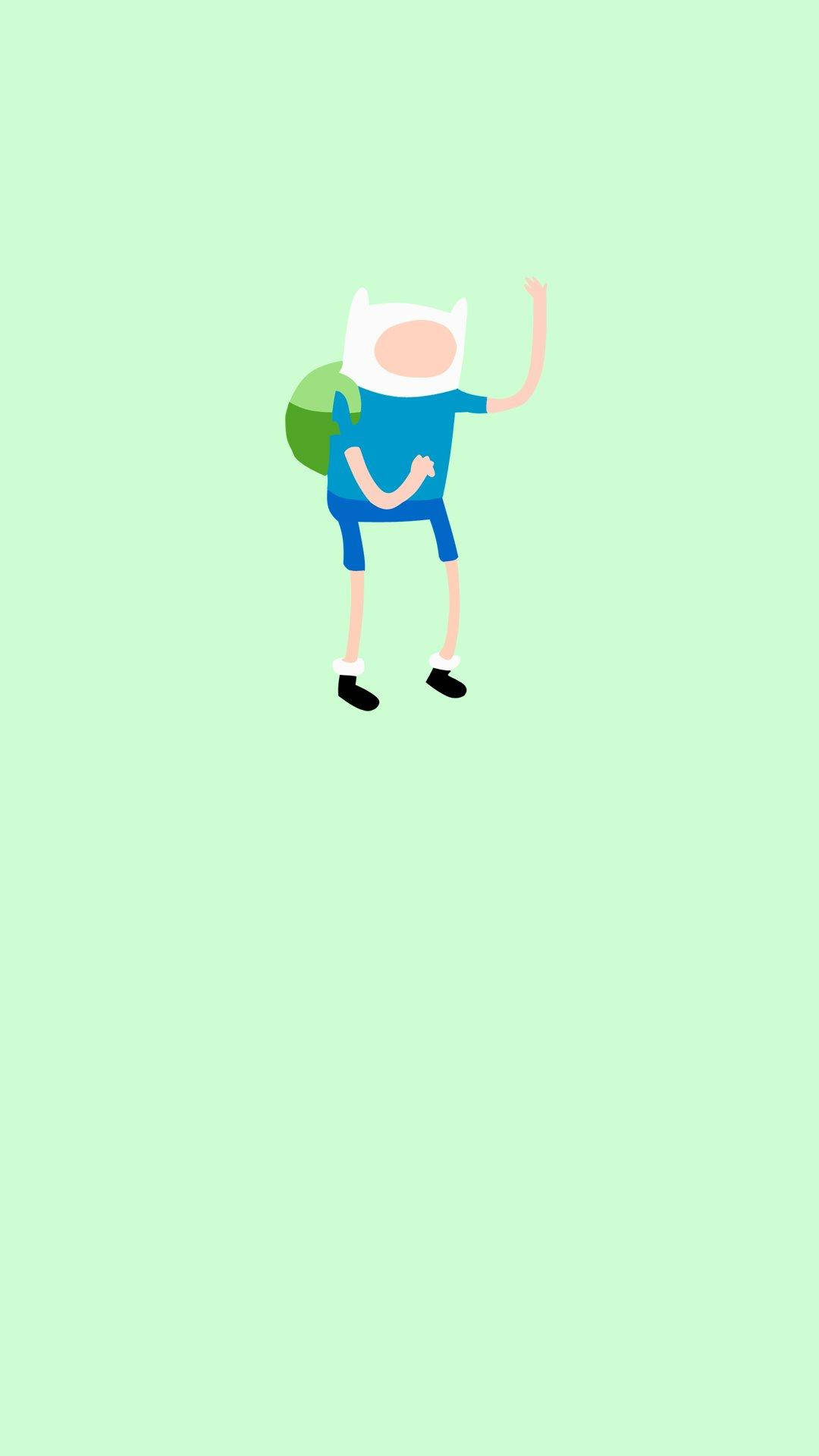 極簡 iPhone 桌布 壁紙 — 一個戴著白色帽子和綠色背包的極簡卡通角色，在純薄荷綠背景前愉快地揮手。