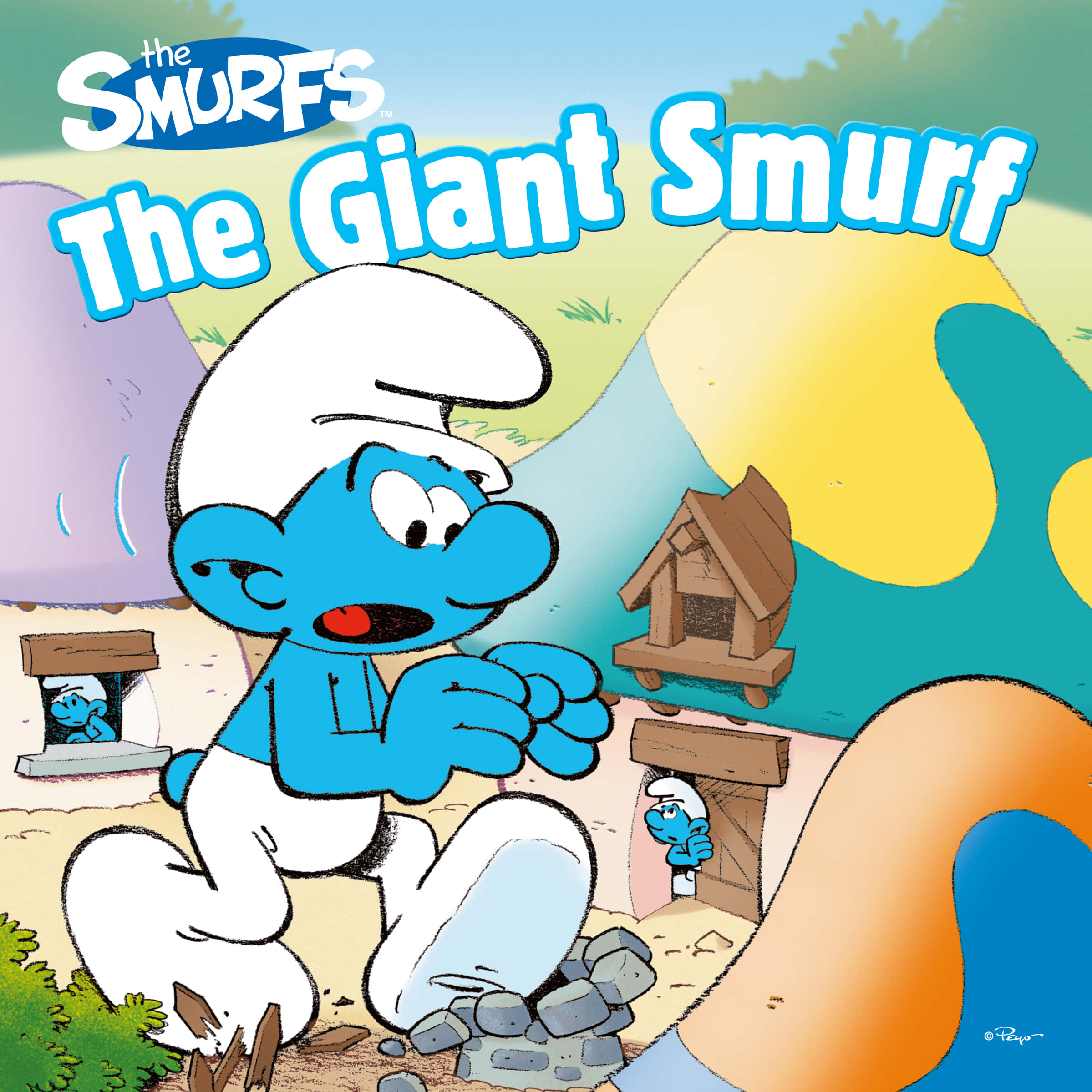Smurf 桌布 壁紙 — 一個戴著白色帽子和褲子的巨大藍色藍精靈站在卡通村莊裡，看起來很驚訝，因為他壓碎了一間小木屋。