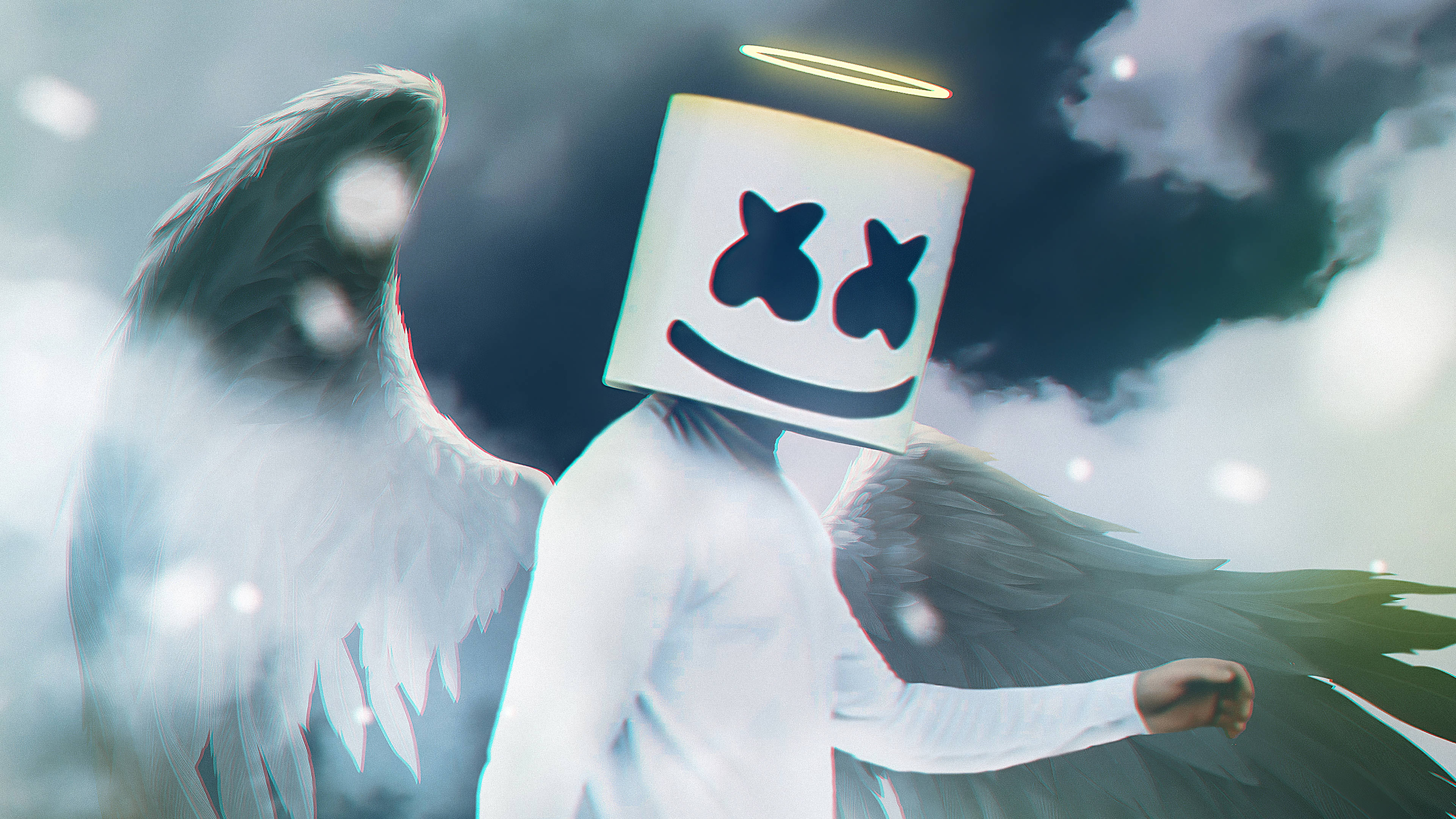 marshmello 4K 桌布 壁紙 — 一個戴著白色棉花糖面具、擁有天使翅膀和光環的人物，站在佈滿發光粒子的多雲天空前。