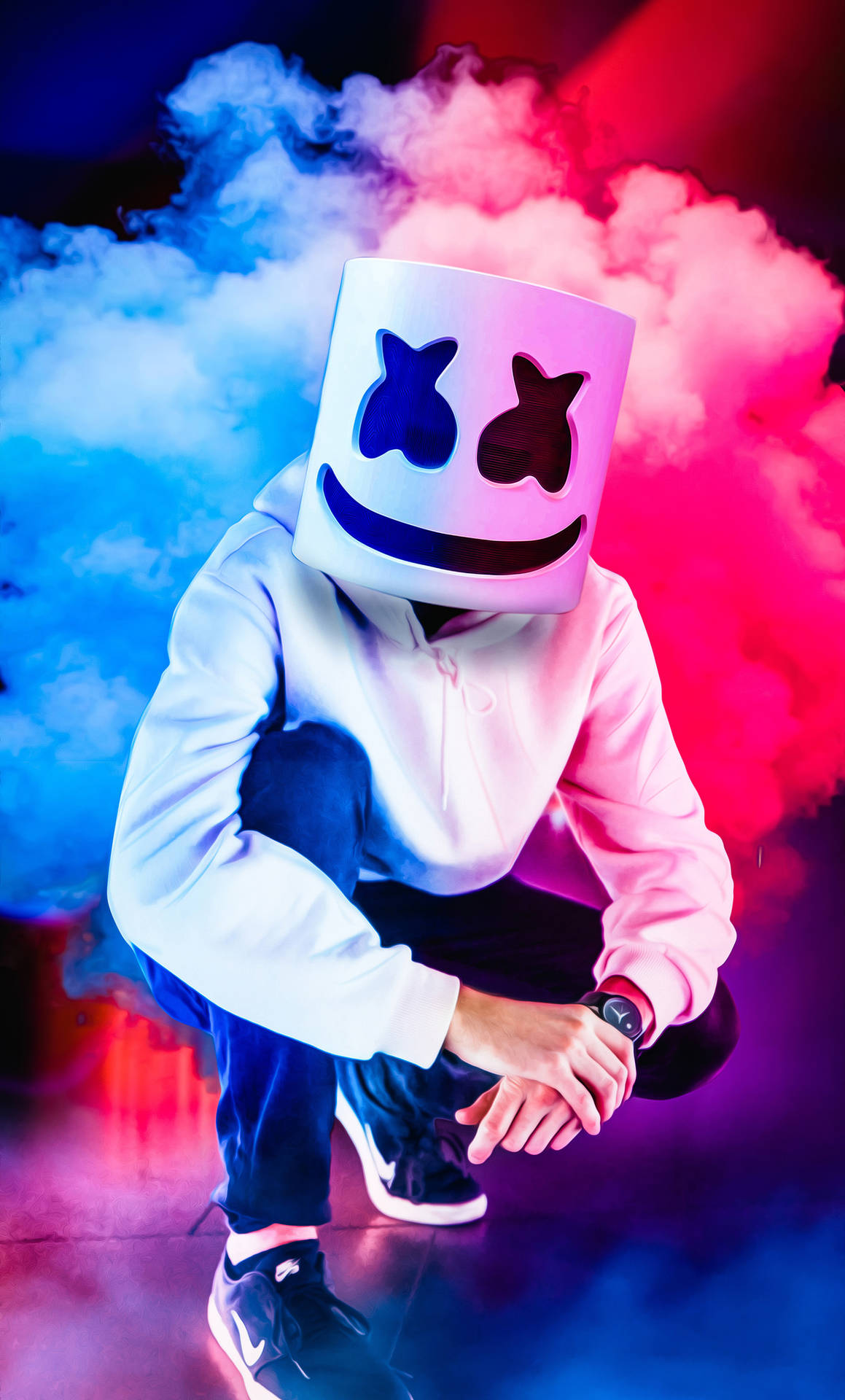 戴著白色棉花糖面具的人，在霓虹燈下蜷縮在彩色煙霧中。 — Marshmello 動態圖 壁紙