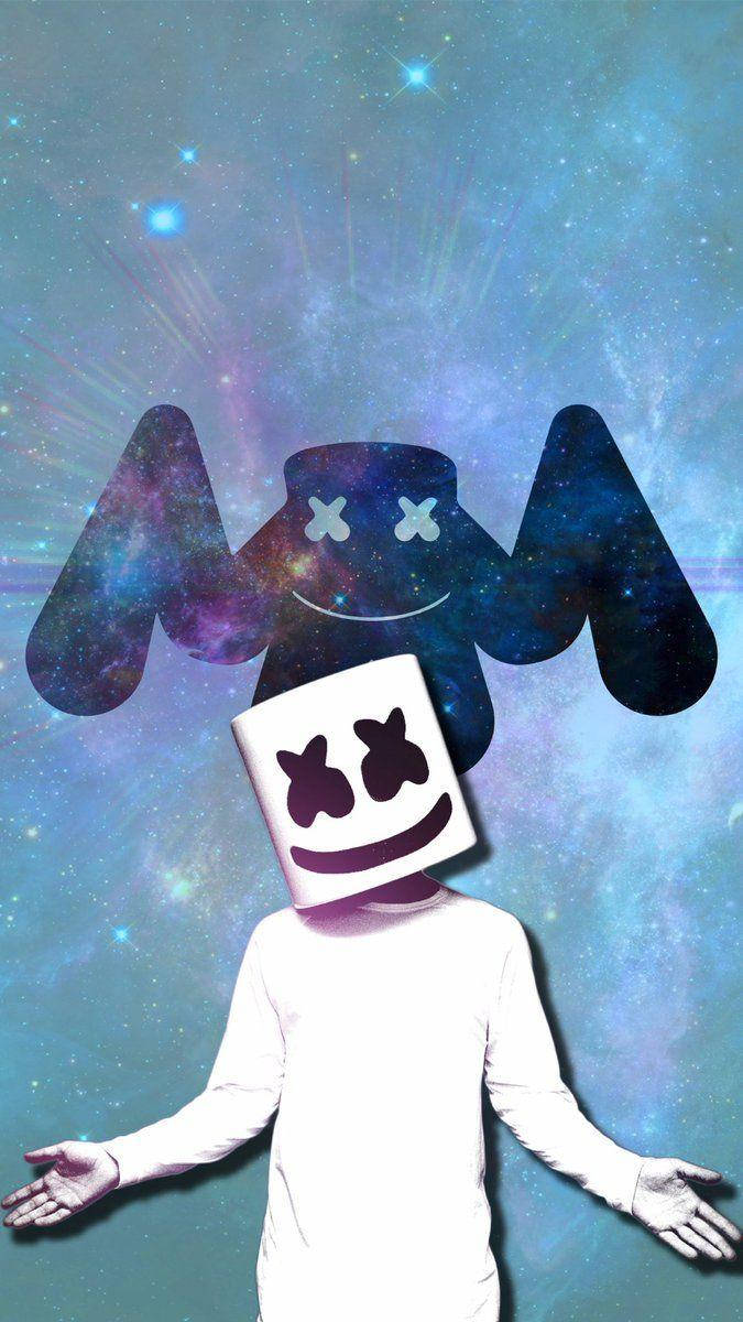 marshmello iPhone 桌布 壁紙 — 一個戴著白色棉花糖面具的人張開雙臂，背景是宇宙星系，有一個微笑的蝙蝠剪影。