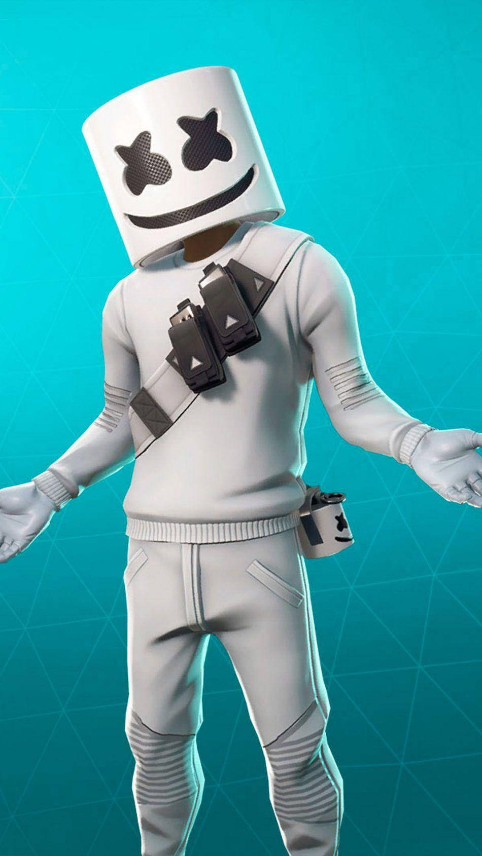 marshmello iPhone 桌布 壁紙 — 一個戴著白色棉花糖頭盔、擁有星星眼睛和微笑的角色，站在藍綠色幾何背景前。