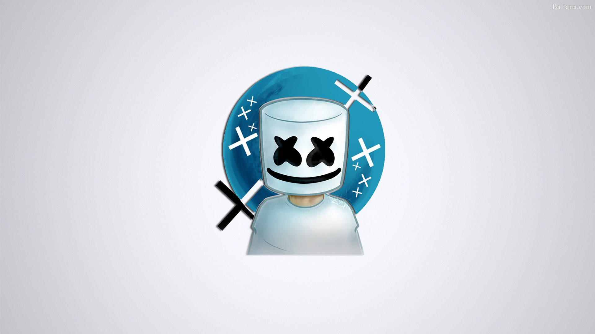 Marshmello 動態圖 桌布 壁紙 — 一個戴著白色棉花糖頭盔、有黑色X眼睛和微笑的風格化人物，站在帶有黑色X標記的藍色圓形背景前。