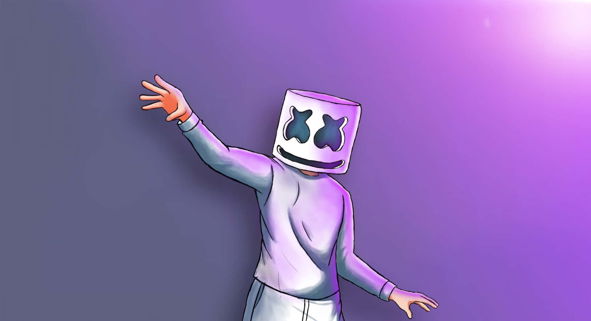 Marshmello 動態圖 桌布 壁紙 — 一個戴著白色棉花糖頭盔、有黑色X眼睛的人物，在紫色漸變背景前揮手。