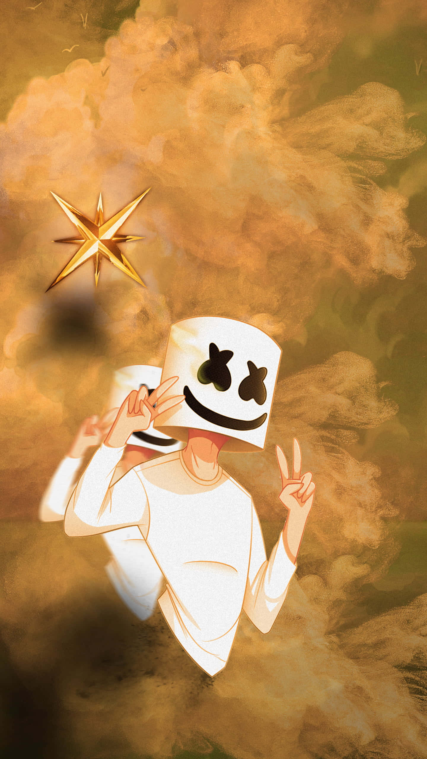 Fortnite Marshmello 桌布 壁紙 — 一個戴著白色棉花糖頭盔的人，在金色煙霧背景中做出和平手勢，背景有一顆發光的星星。