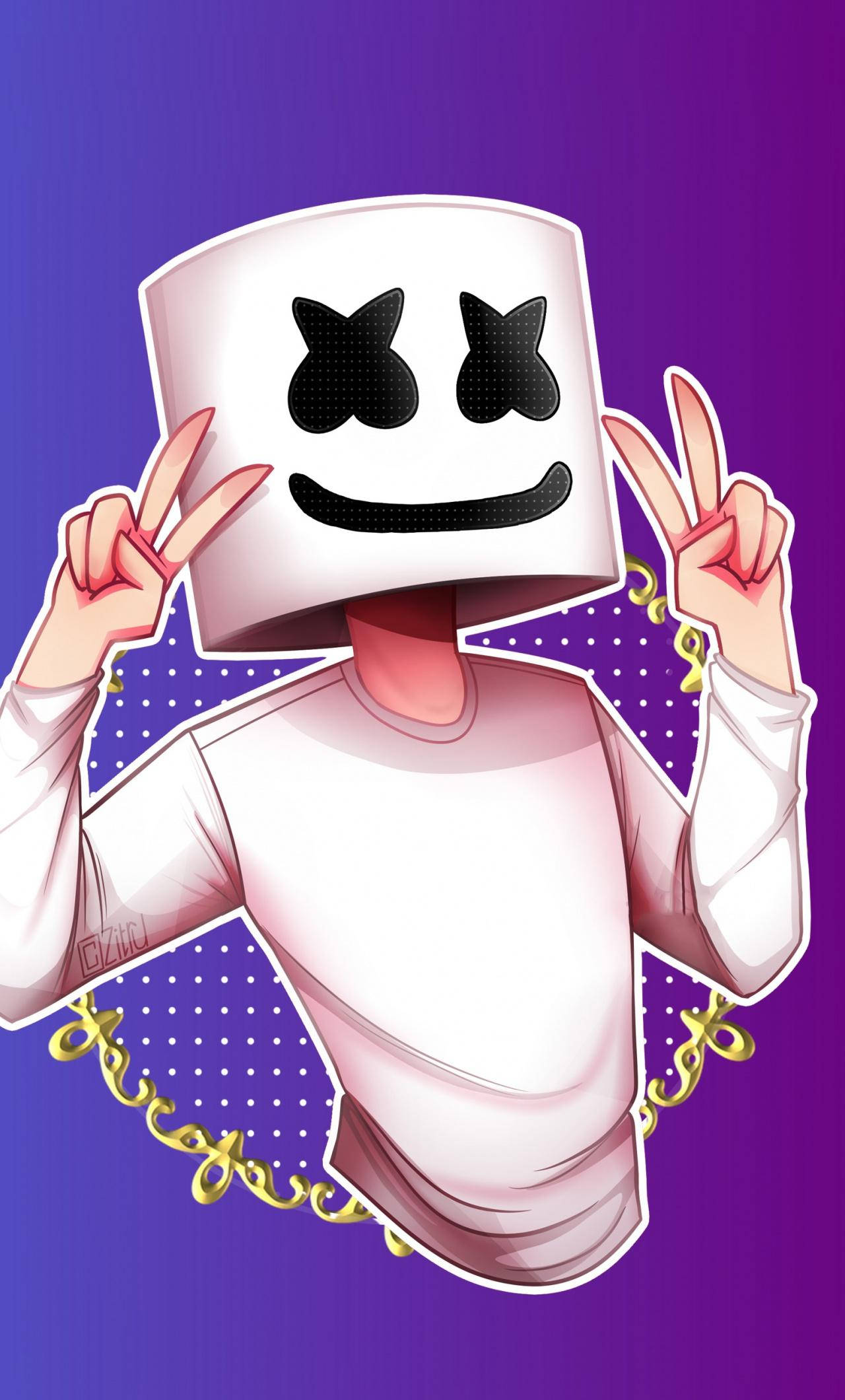 marshmello iPhone 桌布 壁紙 — 一個戴著白色棉花糖頭盔的卡通DJ在紫色圓點背景上比出和平手勢。