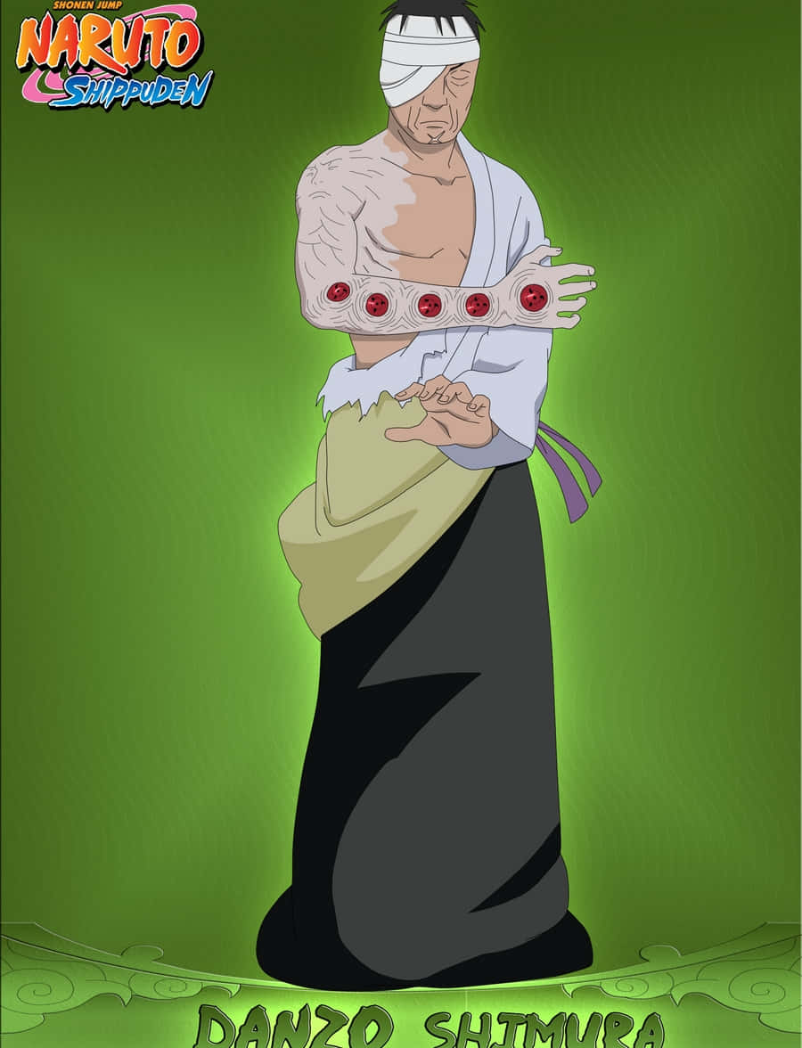 Danzo Shimura 桌布 壁紙 — 一個戴著白色眼罩和紅色環形臂套的動漫角色站在發光的綠色背景前。