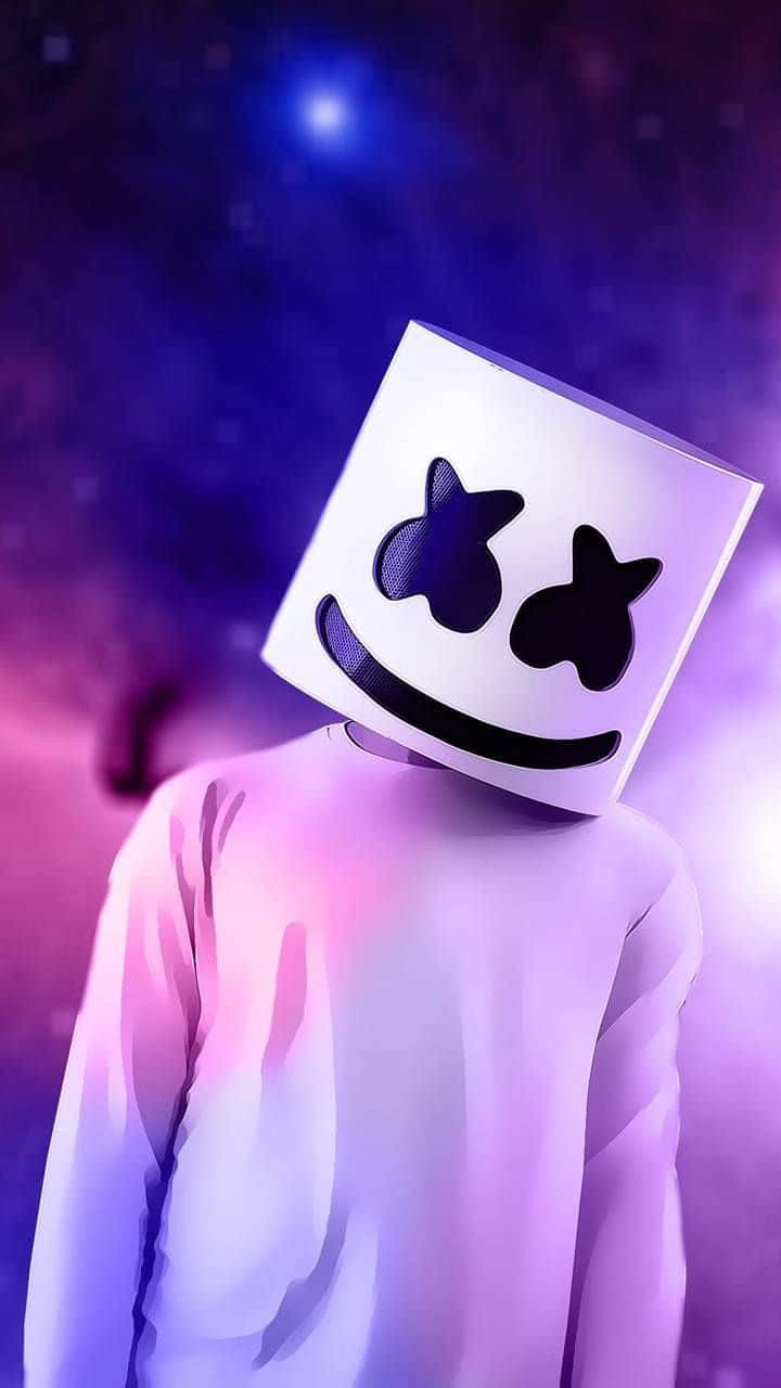 Marshmallow 桌布 壁紙 — 一個戴著白色立方體面具、有星星眼睛和微笑的人物，站在充滿活力的紫色和藍色宇宙背景前。