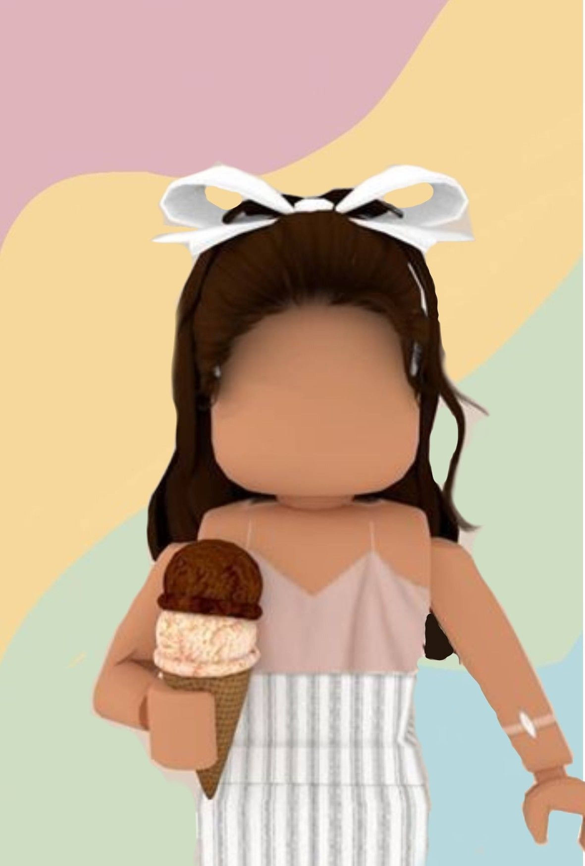 Roblox 女孩 桌布 壁紙 — 一個戴著白色蝴蝶結的Roblox虛擬角色，在柔和漸變背景前拿著巧克力和香草冰淇淋甜筒。