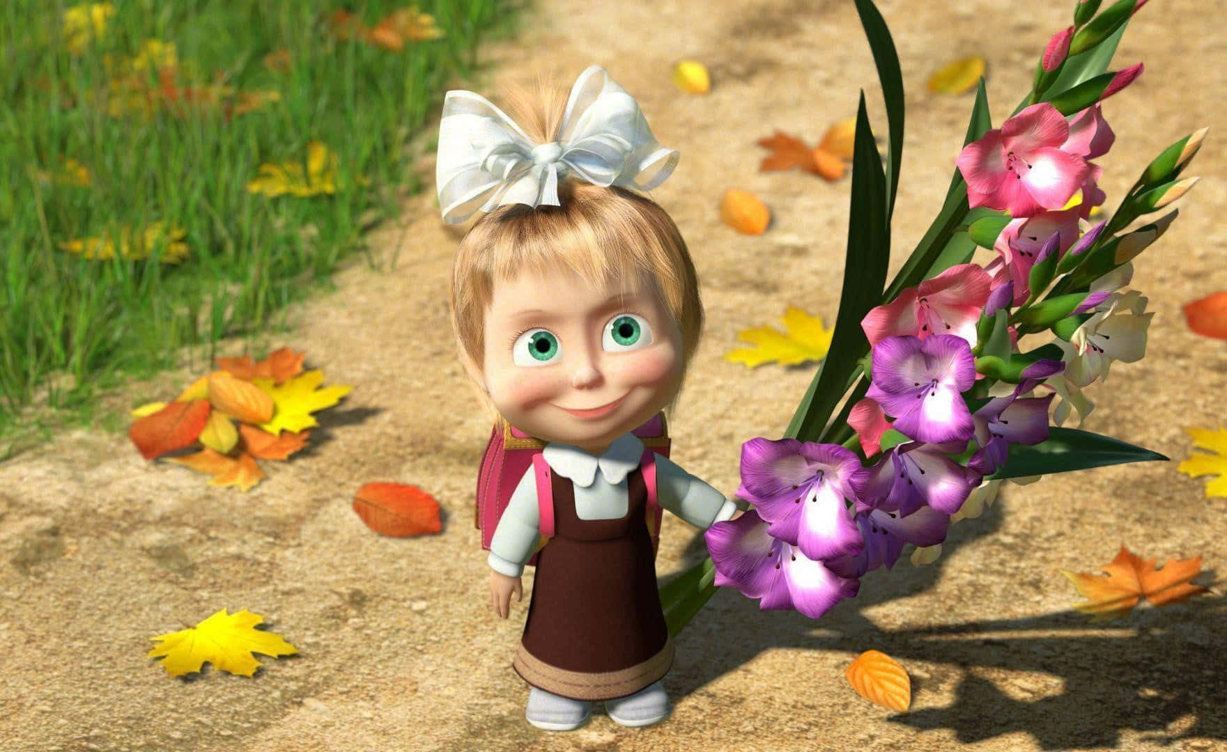 Masha And The Bear 桌布 壁紙 — 一個戴著白色蝴蝶結的開心動畫女孩，沿著散落秋葉的小路拿著紫色花朵。