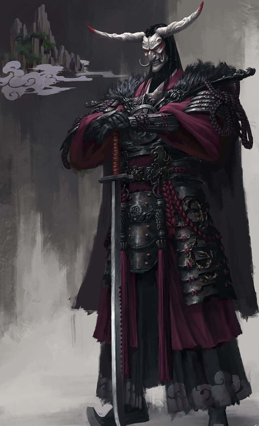 evil 桌布 壁紙 — 一個戴著白色角面具、身穿紅色長袍的威猛武士，在霧氣繚繞的山景背景下持劍而立。